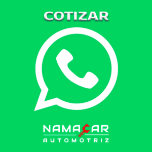 Logotipo de WhatsApp en color blanco sobre un fondo verde brillante, acompañado por la palabra COTIZAR en la parte superior y el logo de NamaCar Automotriz en la parte inferior.